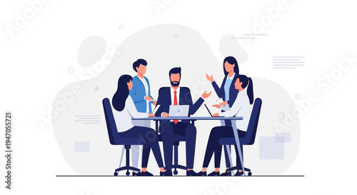 Business meeting, team collaboration, diverse professionals discussing strategy around a table.