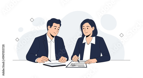 Business partners signing contract at desk, professional meeting, teamwork, agreement