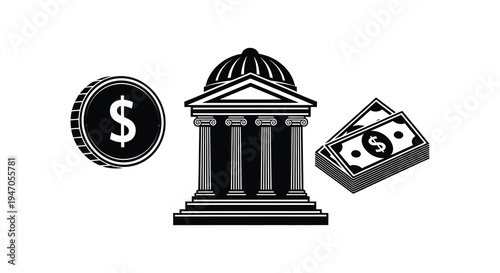 Black and white illustration depicting a bank money and a dollar sign
