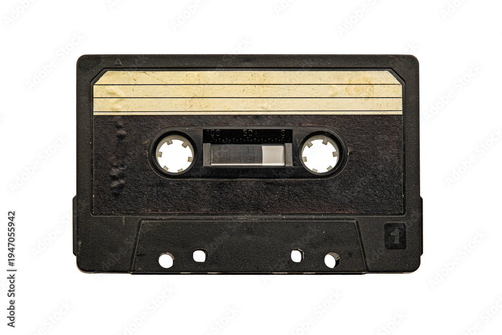 Naklejka premium used vintage audio tape cassette isolated, a symbol of 80s, 90s period on white background