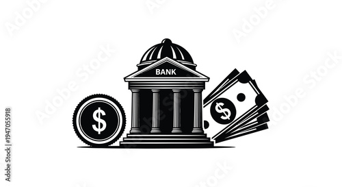 Black and white illustration of a bank building with money and coins