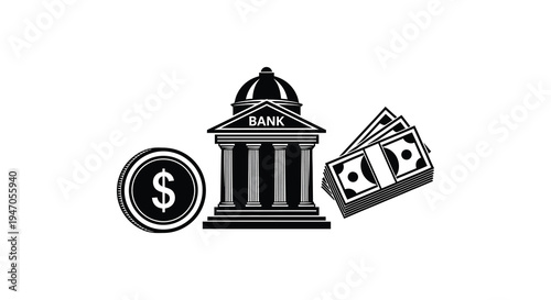 Black and white illustration depicting a bank building with money and a dollar sign