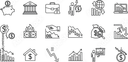 Finance and Economics Icon Set Featuring Money, Charts, Stocks, Market Trends, and Economic Symbols for Financial and Business Designs