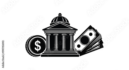 Financial institution illustration with currency and a large coin monochrome style