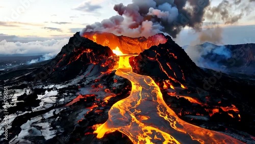 Spectacular aerial view of a powerful volcanic eruption with molten lava flowing down the mountain, showcasing natural geological forces and environmental impact.