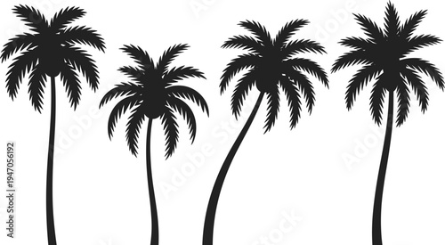 Black silhouette of four tropical palm trees with various trunk shapes and lush fronds isolated on a white background for summer vacation travel design (25 words)