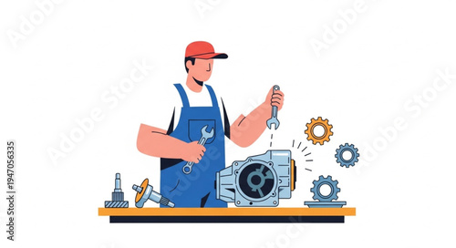 Mechanic Holding Tool Repairing Machine.