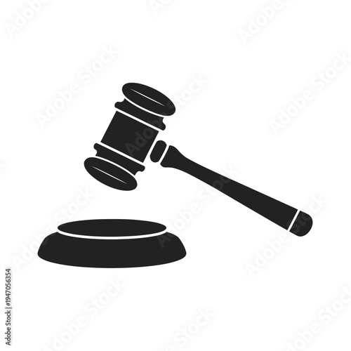 A black silhouette of a gavel resting upon a sound block