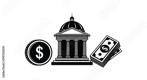 Financial representation with a building coins and money in black and white