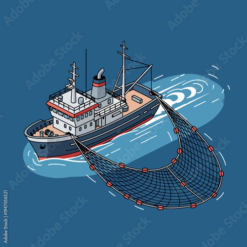 Illustration depicts a fishing trawler with a large net deployed in the ocean.