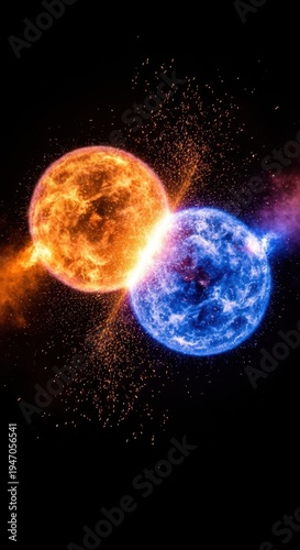Bright Orange and Blue Stars Collision in Outer Space Display