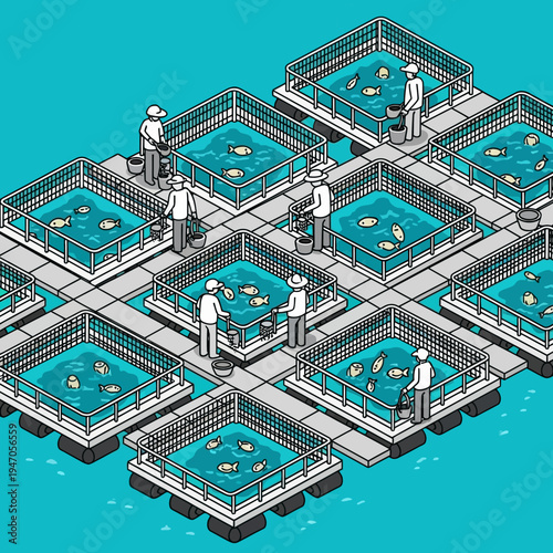 Isometric view of an aquaculture farm with multiple fish tanks and workers.