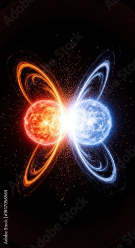 Fiery Collision of Red and Blue Celestial Bodies in Space Visual