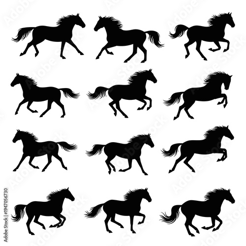 Collection of horse silhouettes in various running poses