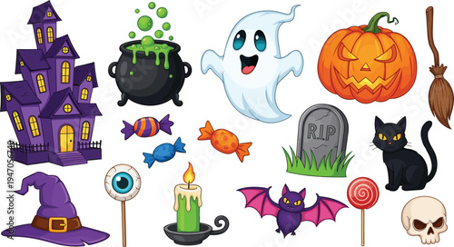 Photos Halloween Icon Set Featuring Haunted House, Pumpkin, Ghost, Witch, Candy, and Ot