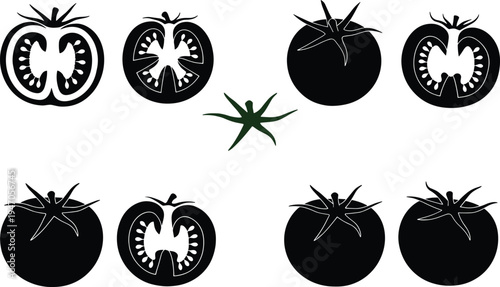 Collection of black tomato silhouettes featuring whole fruits with stems and cross section slices showing seeds isolated on white background for food design (25 words)