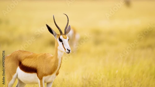 Portrait of a springbok antelope standing and looking into camera at Mabuasehube, Botswana, South Africa 