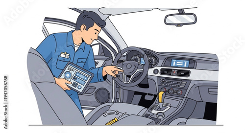Mechanic in car with manual.