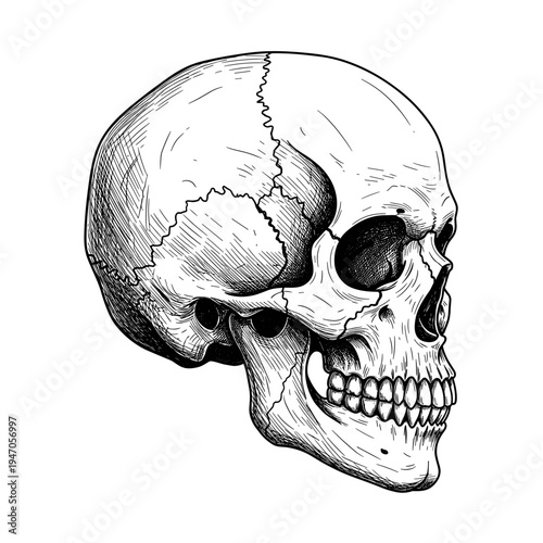 Side profile of realistic human skull with detailed anatomy