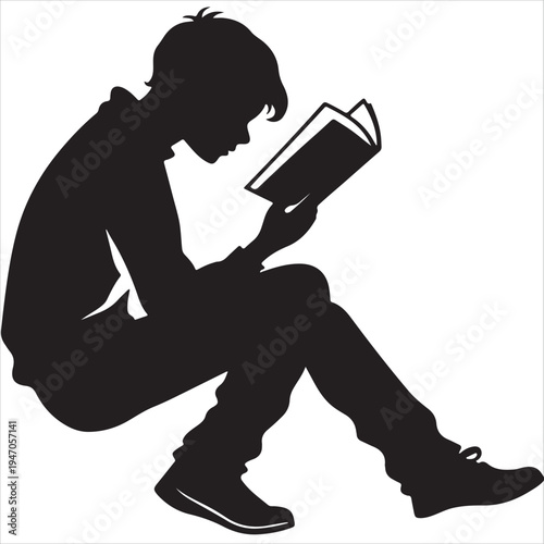 A vector illustration of a black silhouette of a person holding a laptop and reading a book, blending business and art with the shadow of a man in a sport or dance pose