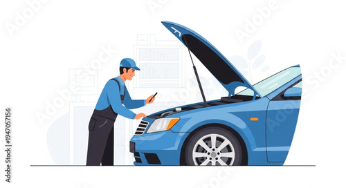 Mechanic Inspecting Blue Car.