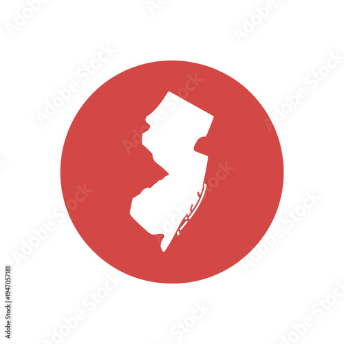 A white silhouette of new jersey state inside a red circular shape
