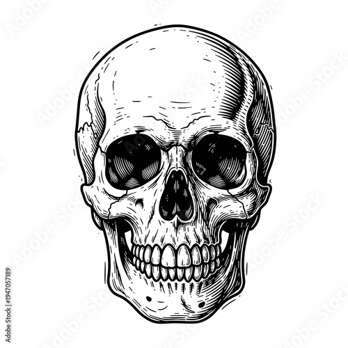 Hand drawn cross hatch detailed human skull illustration