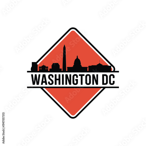 Washington dc skyline depicted within a red diamond shaped travel emblem