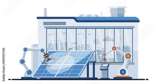 Automated Solar Panel Manufacturing: Robotic Arms Assembling Sustainable Energy Technology in a Modern, Green Factory with Engineers