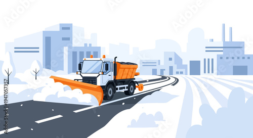Snowplow Truck Clearing Road in Winter City. Vector Illustration of Snow Removal and Maintenance.