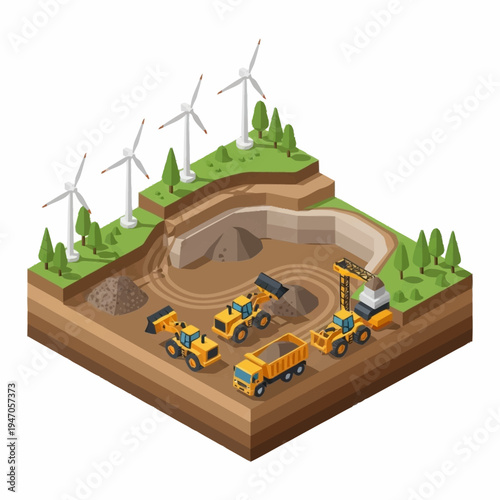 Construction vehicles excavating a mine with wind turbines.