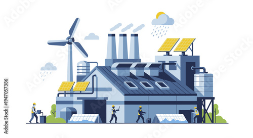 Green Industry: Sustainable Factory Powered by Renewable Energy with Solar Panels, Wind Turbine, and Eco-Workers