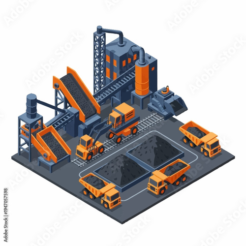 Isometric Coal Mining and Processing Plant with Heavy Machinery.