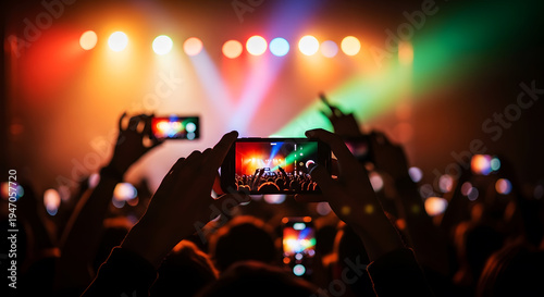 Crowd of people recording live music concert performance with smartphones