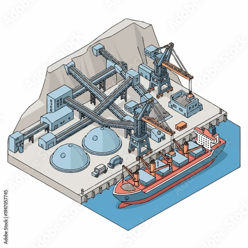 Isometric illustration of a bustling port with cargo ship and industrial infrastructure.