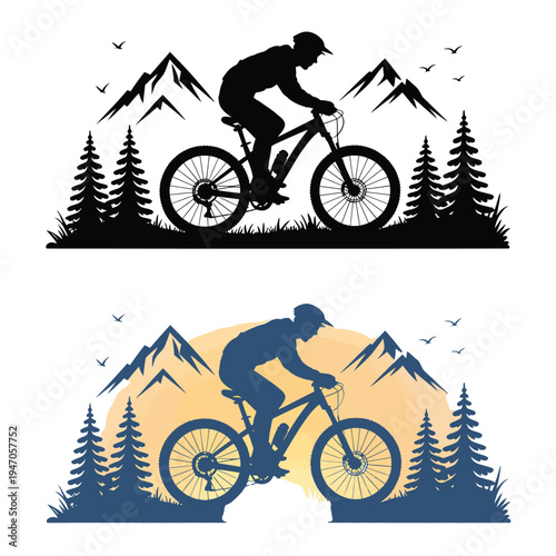 Silhouette of a cyclist riding a mountain bike against scenic landscapes