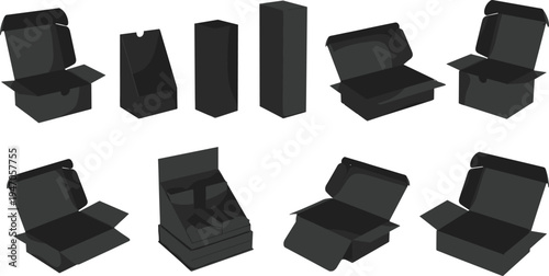 Black cardboard packaging box set vector illustration, open and closed carton mockups for shipping delivery retail packaging design collection