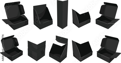 Black cardboard packaging box collection vector illustration, open and closed carton package templates for shipping delivery retail product packaging design