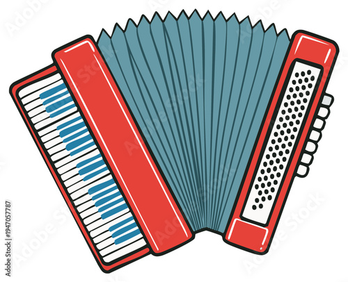 Brightly Colored Accordion Musical Instrument with Blue Bellows and White Keys