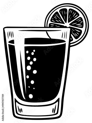Black and white illustration of a tall glass filled with dark beverage and citrus slice garnish