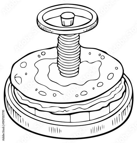 Handheld manual food press with stacked ingredients and screw mechanism illustration