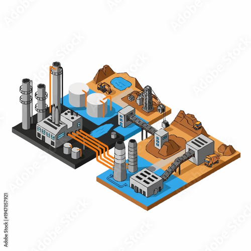 Isometric Industrial Complex with Factories and Mining Operations.