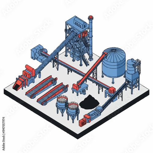 Isometric Industrial Plant with Conveyor Belts and Storage Silos.