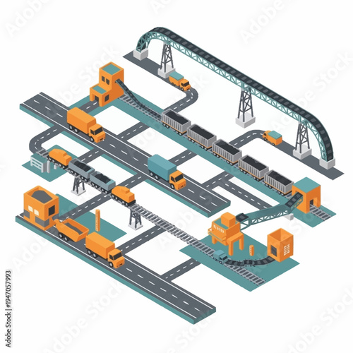 Isometric Logistics Network with Trains, Trucks, and Infrastructure.
