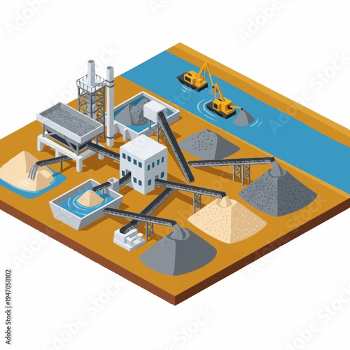 Isometric Sand and Gravel Production Plant with Dredgers.