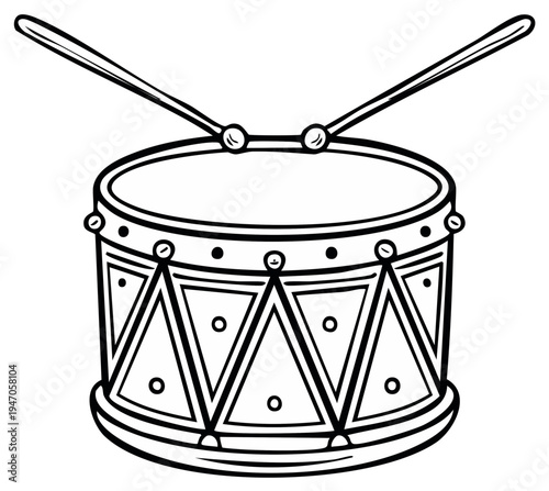 Line art illustration of a snare drum with drumsticks, featuring geometric patterns, suitable for coloring books and educational materials.