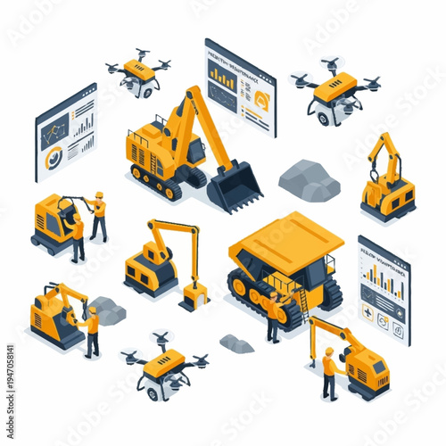 Isometric Smart Mining and Construction Equipment with Workers and Drones.