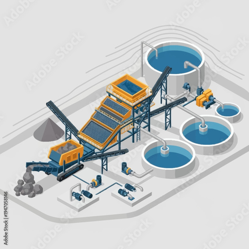 Isometric view of a comprehensive mining and water treatment plant.