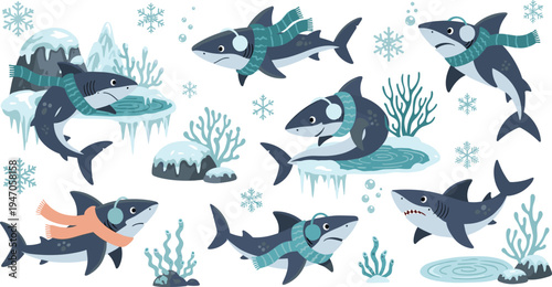 Cute winter shark cartoon set wearing scarves swimming in icy ocean with snowflakes coral and ice playful marine vector