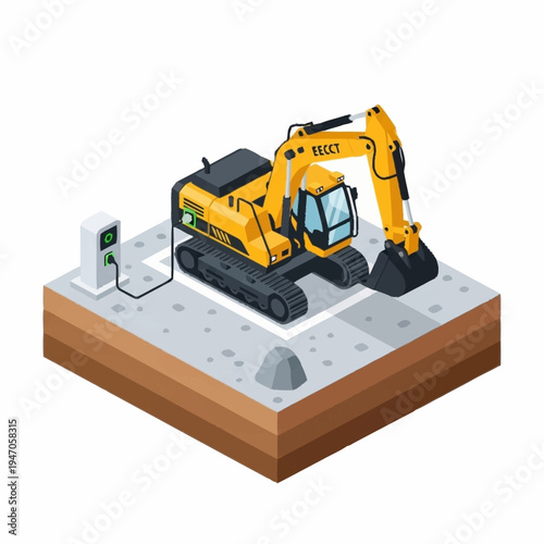 Yellow excavator charging at electric station isometric view.